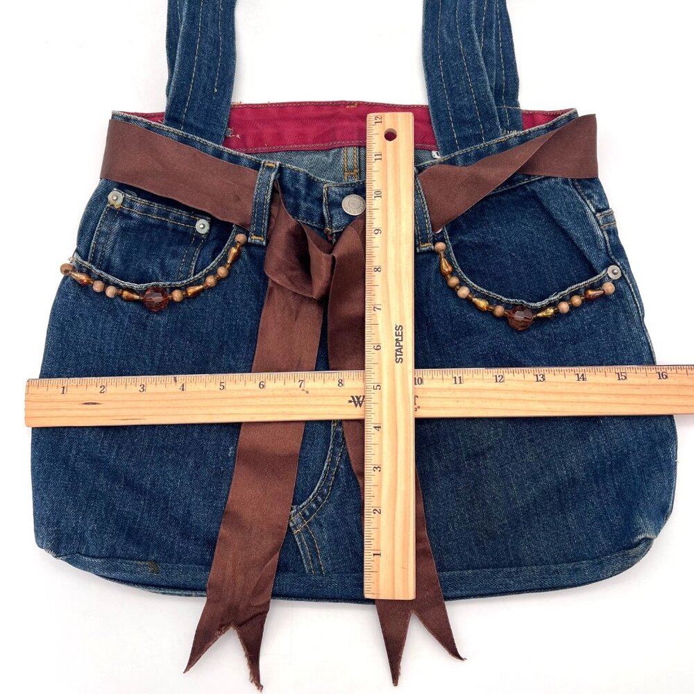 Upcycled Denim Handbag Purse Chic Beaded Pockets & Brown Ribbon FM Jeans Button - Picture 9 of 14